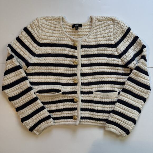 PAIGE Sweaters - Paige Oberon Crochet Knit Cardigan Sz Small Navy Blue White Stripe Patch Pocket